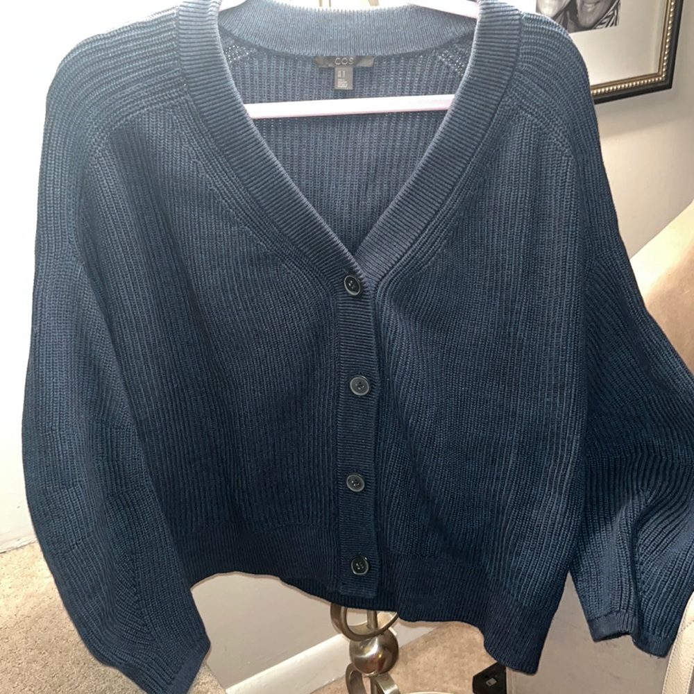 COS Navy Blue Ribbed Button-Front Cardigan